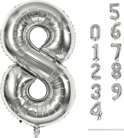 Silver Foil Balloon Number 8 for Boys, Large Number 8 Helium Balloon for Women by Lingqiang