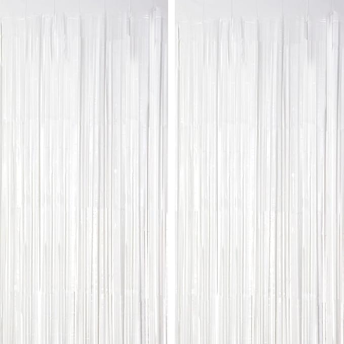 Voircoloria Pastel White Foil Fringe Backdrop Curtains, 2 Pack | Tinsel by Voircoloria
