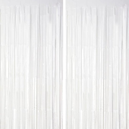 Voircoloria Pastel White Foil Fringe Backdrop Curtains, 2 Pack | Tinsel by Voircoloria