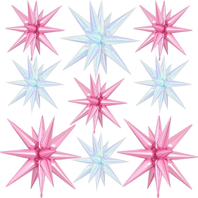9Pcs Light Pink and Iridescent Star Balloons, Large Explosion Foil Balloons by Dagelar