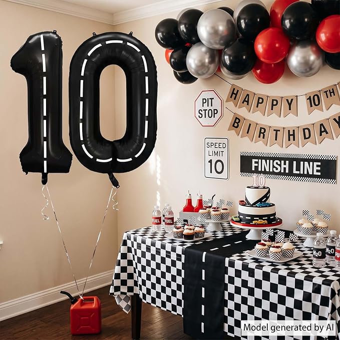 Black and White Stripes Number 10 Balloon 40 Inch, Track Digit Decor | - Image 3