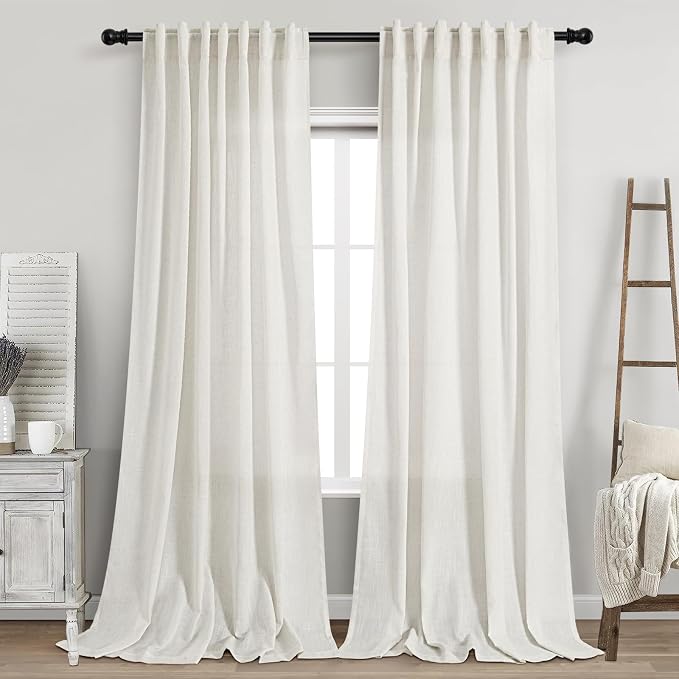 Beige White Linen Curtains for Living Room Extra Long 110 Inches Long Back Tab by Nanspring