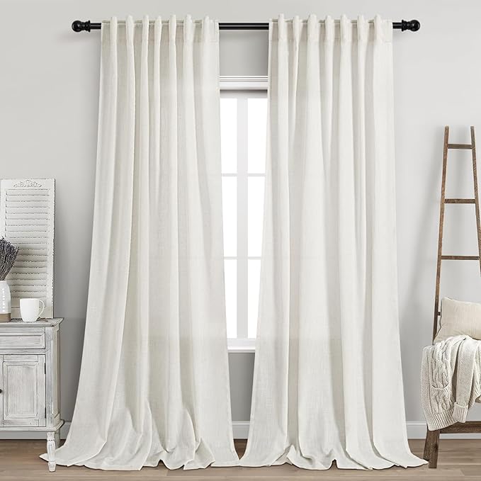 Beige White Linen Curtains for Living Room 92 Inches Long Back Tab and Rod by Nanspring