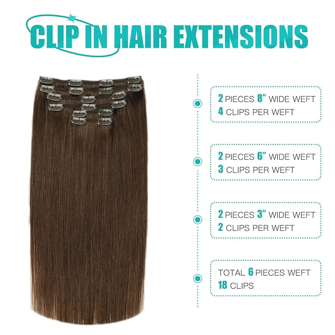 SURNEL Chocolate Brown Clip in Hair Extensions, 14 Inch 100g 6pcs Real Human Hair Clip in Extensions (#4,14'')