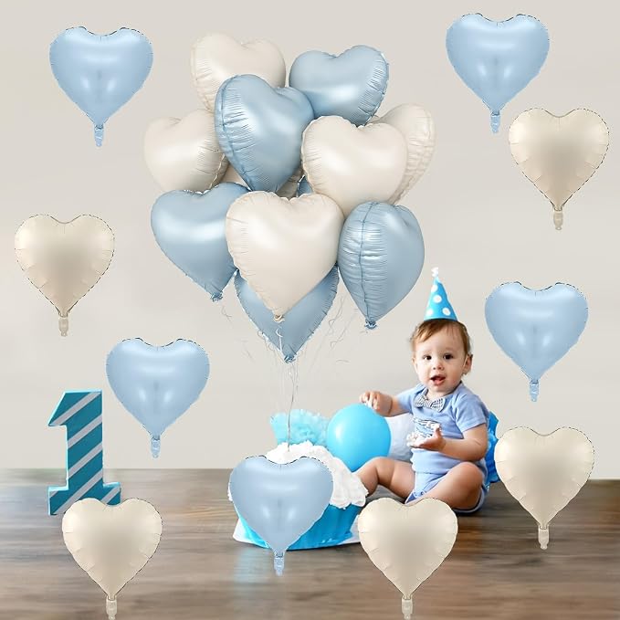 Blue White Heart Balloons, 18 Inch Baby Blue Cream Foil Heart Balloons - Image 4