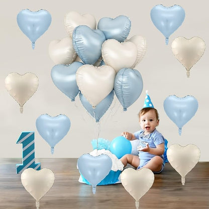 Blue White Heart Balloons, 18 Inch Baby Blue Cream Foil Heart Balloons - Image 4