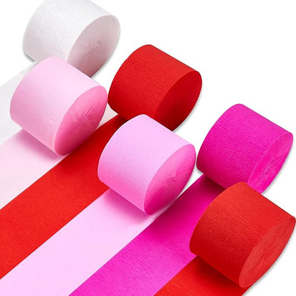 PartyWoo Pink Hot Red White Light Crepe Paper Streamers 6 Rolls 492 FT | Baby by PartyWoo