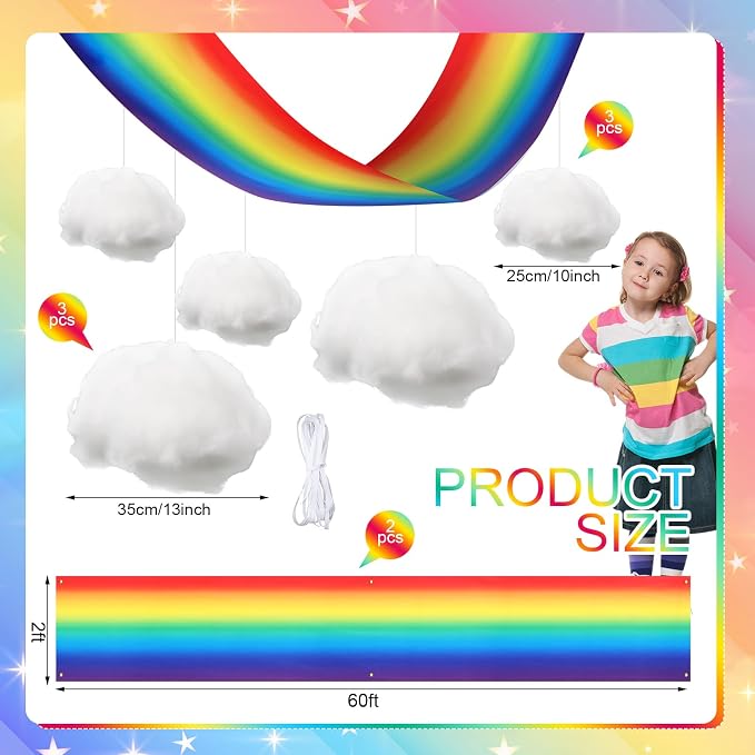 9 Pcs Rainbow Party Ceiling Decorations Kit Include 12 x 2 ft Rainbow - Image 2