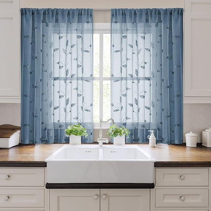 HOMEIDEAS Stone Blue Sheer Kitchen Curtains 52 x 45 Inch Length 2 Panels - Image 6