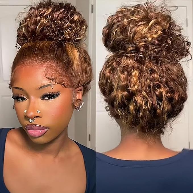 360 Deep Wave Lace Front Wigs Human Hair 220% Density Honey Blonde Drawstring Deep Curly Human Hair wig Ombre 4/27 Highlight Lace Front Wigs Pre Plucked Wet And Wavy Water Wave Wig for Women 26 Inch
