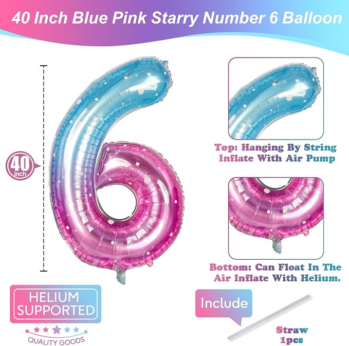 40 Inch Balloon Number 6 Blue Pink, Large Foil Mermaid 6 Balloons Number - Image 2