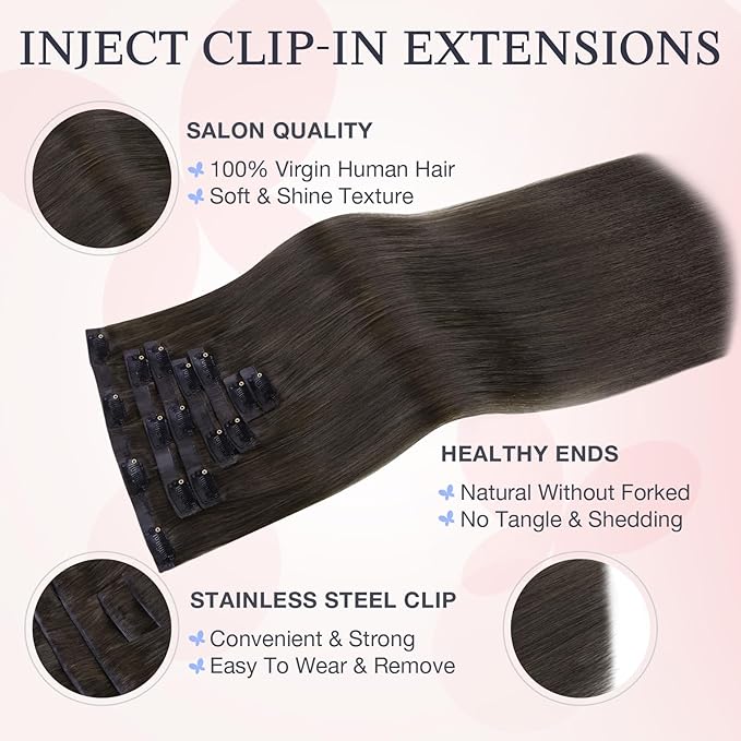 DOORES Invisible Clip in Hair Extensions 22 inch 150g 7pcs, Real Human Hair Invisi Edge Clip in Extensions, Virgin PU Clipins Straight Thickening Hairstyle, 1C Mocha Brown