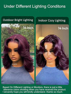 KLAIYI Black Cherry Bob Loose Body Wave Precut 7x5 HD Lace Front Wigs Human Hair Glueless Bye Bye Knots Drawstring Red Burgundy Wig with Curtian Bang Pre Plucked Bleached Ready to Put On And Go 12Inch