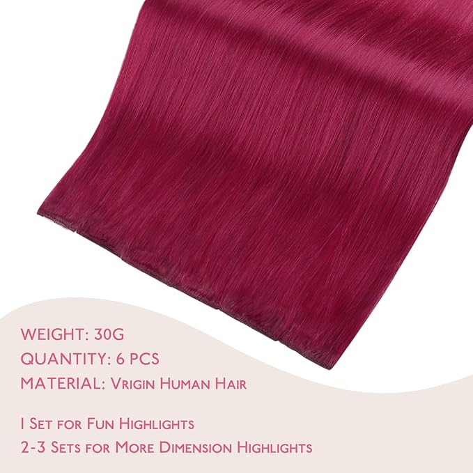 WENNALIFE Burgundy Red Clip in Hair Extensions Real Human Hair 35g 6pcs 24 Inch Colored Hair Extensions for Kids Women Colorful Hair Pieces Pop-up Style Straight Extensiones De Cabello Humano Con Clip