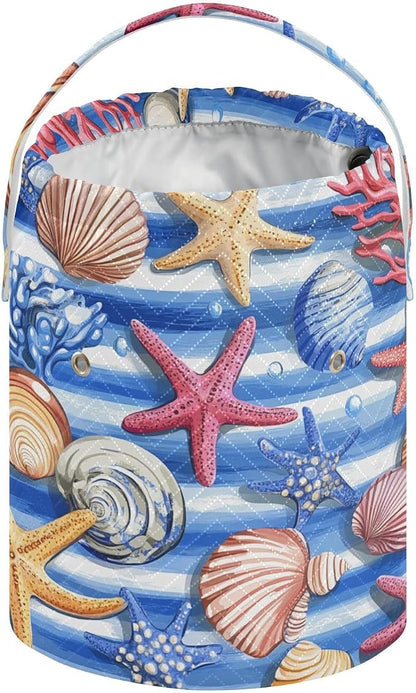 Blue Striped Starfishes Seashells Corals Yarn Bag Small Crochet Bag Drawstring - Image 2