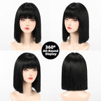 Allbell Black Wigs for Women Short Bob with Bangs Heat Resistant Synthetic Hair 12 inch for Daily Party Halloween Costume Use