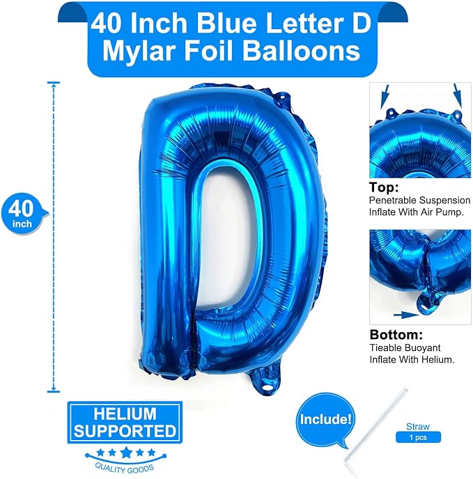 Lovoir 40 Inch Large Blue Letter D Balloons Big Size Jumbo Mylar Foil Helium - Image 2