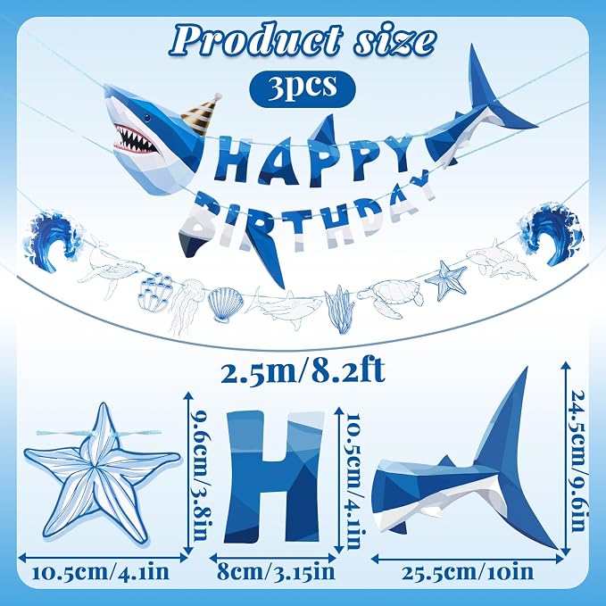 SUNBEAUTY Shark Birthday Party Decorations Shark Happy Birthday Banner Ocean - Image 2