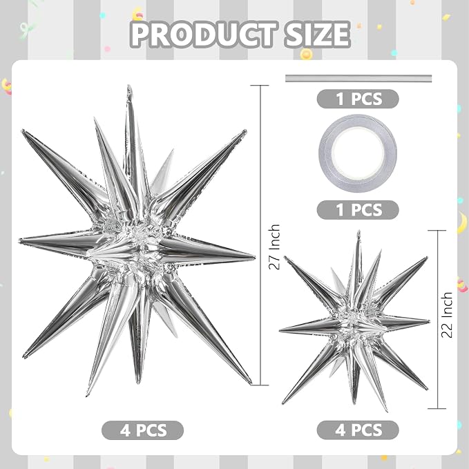 TONIFUL 8 Pcs Explosion Star Balloons Silver Foil Balloon Party Decorations | 2 - Image 2