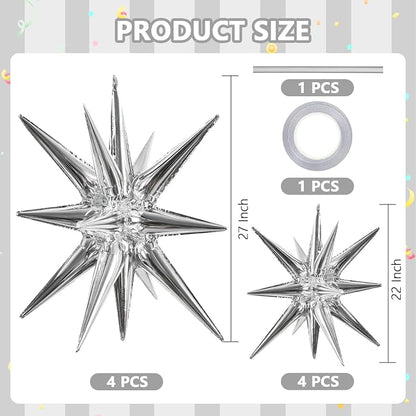 TONIFUL 8 Pcs Explosion Star Balloons Silver Foil Balloon Party Decorations | 2 - Image 2