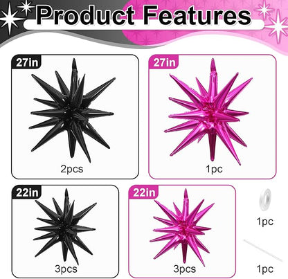 9Pcs Hot Pink and Black Star Balloons, Large Explosion Foil Balloons, Metallic - Image 2