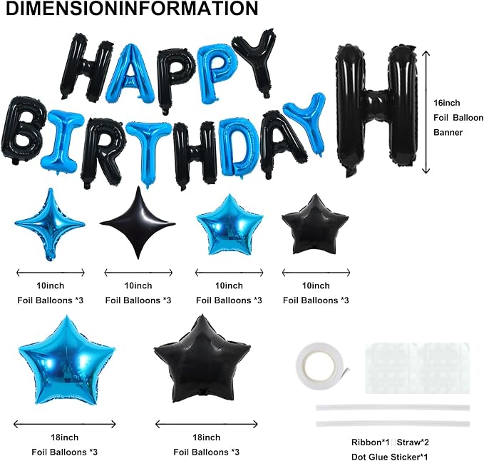 TONIFUL 35PCS Black Blue Happy Birthday Decorations Kit 16 Inch Happy Birthday - Image 2