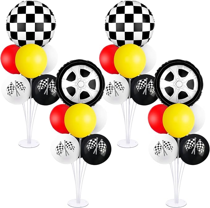 18" Race Cars Foil Balloons Stand Kit 4 Set, Sports Checkered Birthday Party by Hoemwarm