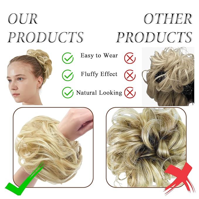 Large Messy Bun Hair Piece Curly Synthetic Extensions Scrunchies Fake Chignon Updo Hairpieces for Women Dirty Blonde Highlights
