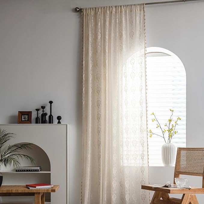 Sutuo Home Boho Sheer Curtains for Nursery Bedroom Kitchen, Bohemian Lace - Image 2