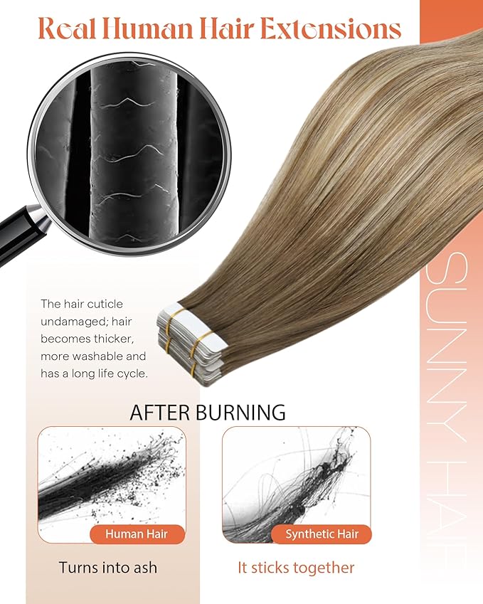 Sunny Hair Tape in Hair Extensions Human Hair, Human Hair Tape in Extensions Light Brown Balayage Blonde Hair Extensions Real Human Hair Tape in 20Inch 50g