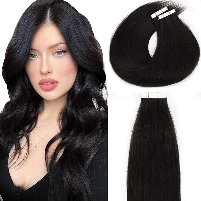 Lacerhair Seamless Remy Tape in Human Hair Extensions - Natural Black PU Skin Weft 100% Human Hair Tape in Extensions, Double Side Weft 16 inch 50g 20pcs/set
