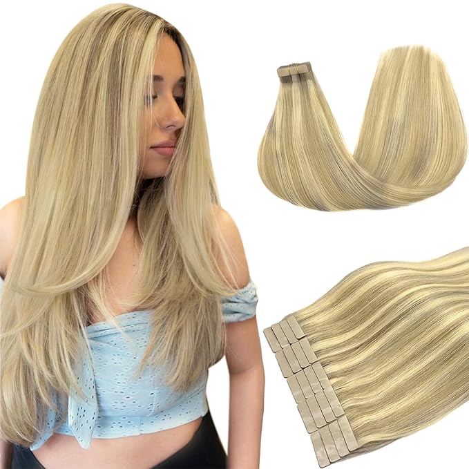 DOORES Human Hair Extensions Tape in Remy Balayage Light Blonde Highlighted Golden Blonde 22 Inch Tape in Hair Extensions 50g Straight Real Natural Hair Extensions 20pcs