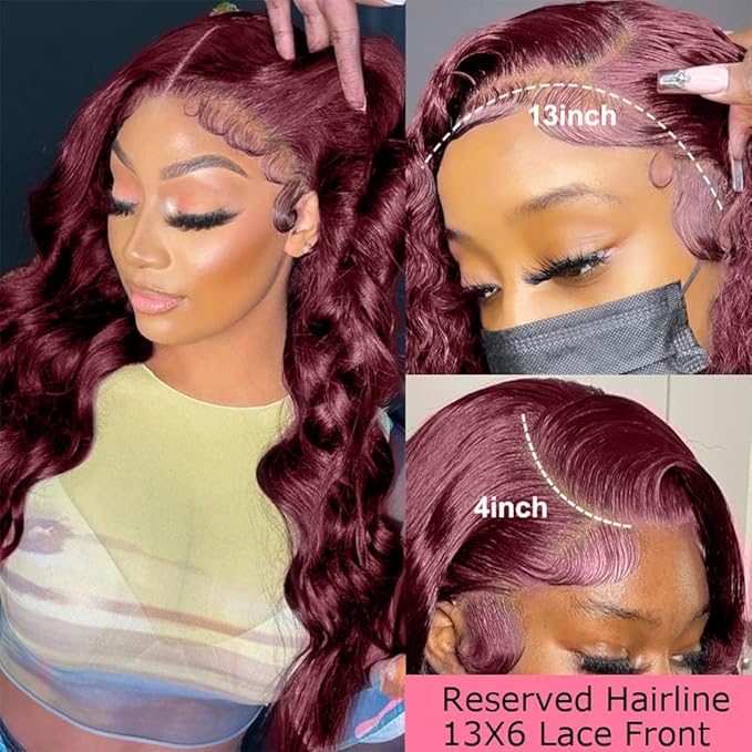 200% Density Burgundy Wig Human Hair 13x4 99j Burgundy Lace Front Wigs Human Hair Pre Plucked HD Transparent Lace Frontal Wigs Red Colored Wig 36Inch
