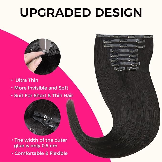 Lashey 150g 9pcs Hair Extensions Real Human Hair 22 Inch Natural Black Light Yaki Straight Seamless Clip in Human Hair Extensions with Soft Invisi Edge