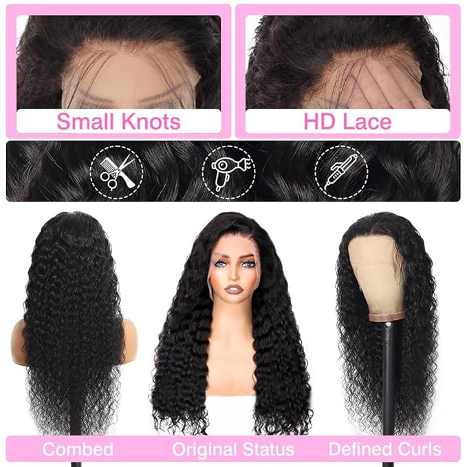 BVLBVL 32 Inch 13x6 Deep Wave Lace Front Wigs Human Hair 180 Density Curly Human Hair Wig HD Lace Frontal Wig Pre Plucked, Real Human Hair No Synthetic Blend No Tangle No Shedding Triple Lifespan 3X