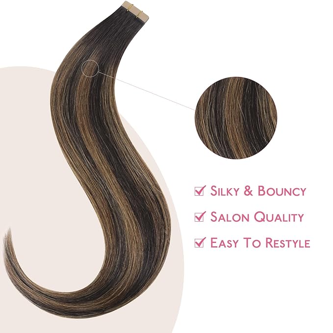 WENNALIFE Tape in Hair Extensions Human Hair Balayage Dark Brown Mixed Chestnut Brown Tape in Extensions, 10pcs 25g 14 inch Remy Invisible Tape Ins Straight Soft Real Human Hair Tape in Extensions