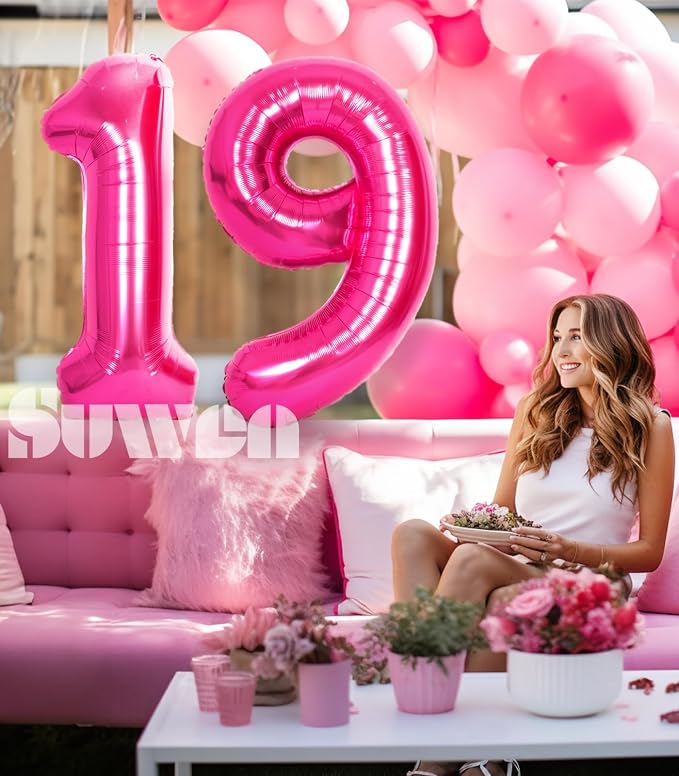 SUWEN 40 Inch Hot Pink Large 19 Number Balloons Big Foil Helium Number Balloons - Image 4