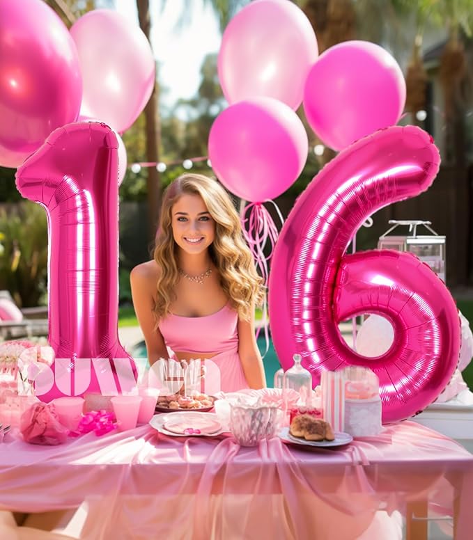 SUWEN 40 Inch Hot Pink Large 16 Number Balloons Big Foil Helium Number Balloons - Image 3