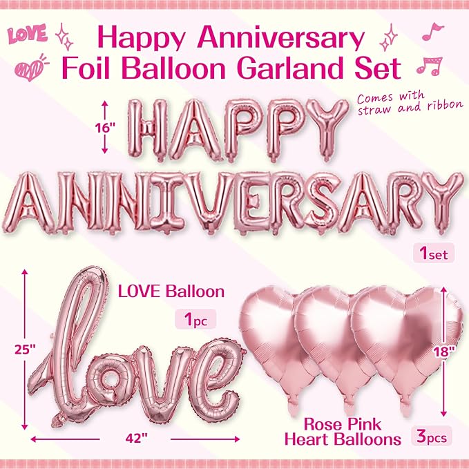 Happy Anniversary Balloon Set, Rose Gold Foil Balloon Banner - Image 2