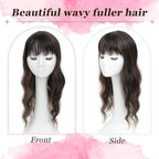Hair Topper, 360° 3D Hair Toppers for Women with Thinning Crown, 18 Inch Long Wavy Curly Hair Pieces Clip in Bangs (Dark Brown Mixed Chestnut, 18 inch, French Bangs)