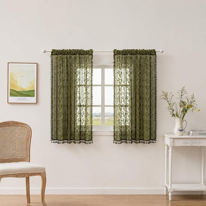 WAZZIO Boho Lace Curtains 2 Panels 63 Inch -Victorian Sheer Panel Drape French - Image 2
