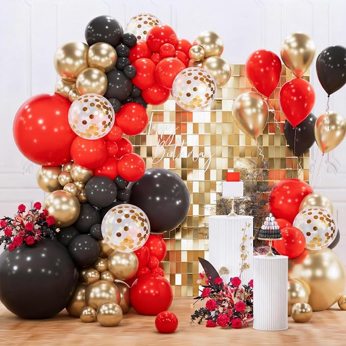 PartyWoo Red Black and Gold Balloon Arch Kit 142pcs Black Red Gold Balloons | by PartyWoo