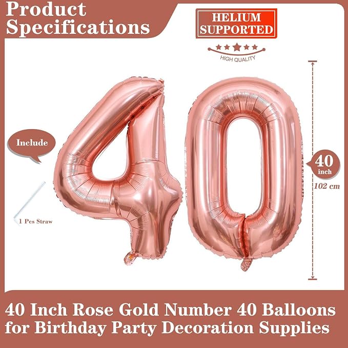 Rose Gold 40 Number Balloons, 40 Inch Giant Number 40 Balloons Foil Mylar - Image 2