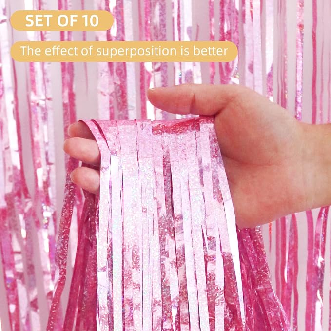 10 Pack Pink Foil Curtain Backdrop 3.2ft x 9.8ft Metallic Tinsel Foil Fringe - Image 2