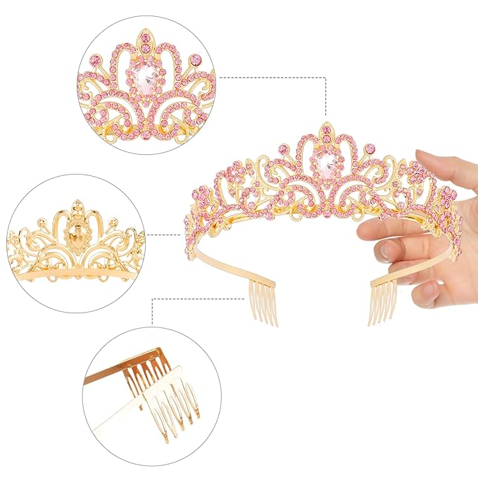 Didder Gold Pink Tiara and Crowns - Elegant Prom Tiara for Women and Girls - Bridal, Birthday, Halloween Party