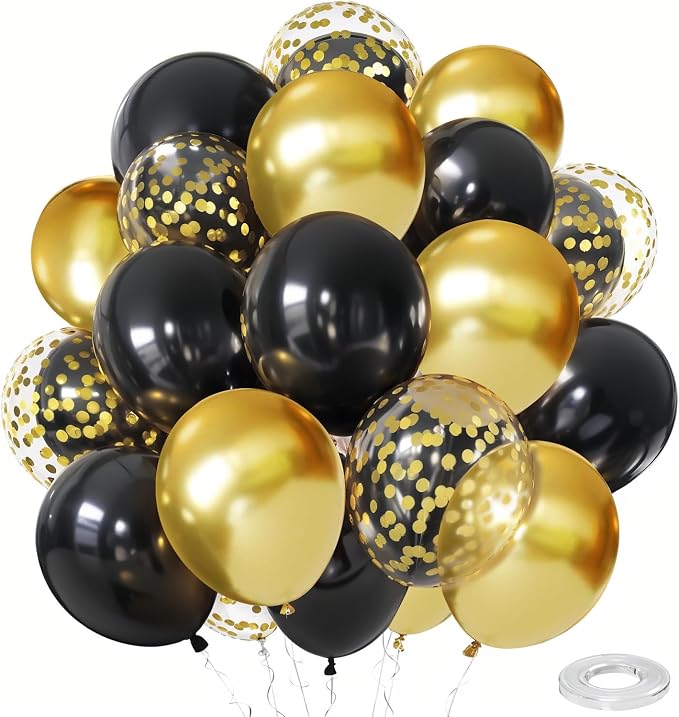 Zesliwy Black and Gold Confetti Balloons, Party Decor | Gold Metallic and Black by Zesliwy