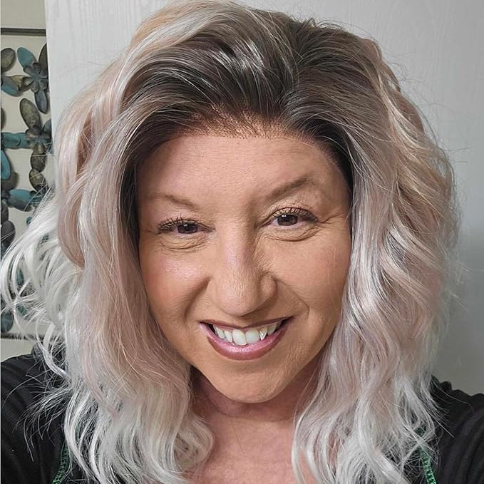 IMSTYLE White Pink Brown Ombre Blonde Lace Front Wigs Short Bob Wavy Wigs Synthetic Hair Wig Free Part with Natural Hairline Shoulder Length for Women (White Brown Ombre Blonde)