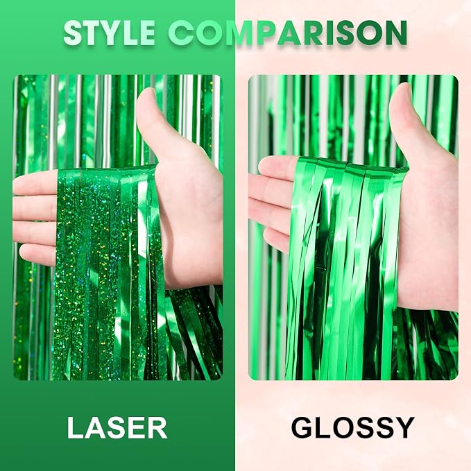 Voircoloria Laser Green Foil Fringe Backdrop Curtains, 3 Pack | Tinsel Streamers - Image 3