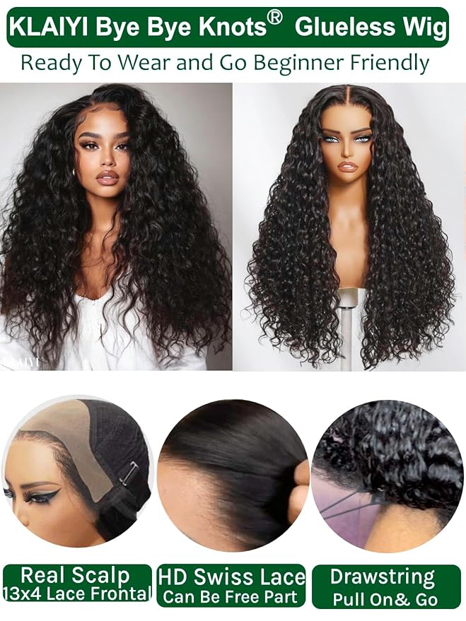 KLAIYI Water Wave HD Real Scalp Glueless Precut 13x4 Lace Front Human Hair Wig Drawstring Bye Bye Knots Pre Plucked Bleached Pre Everything 30S Ready to Wear and Go Deep Curly Wave Beginner Wig 24Inch
