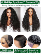KLAIYI Water Wave HD Real Scalp Glueless Precut 13x4 Lace Front Human Hair Wig Drawstring Bye Bye Knots Pre Plucked Bleached Pre Everything 30S Ready to Wear and Go Deep Curly Wave Beginner Wig 20Inch